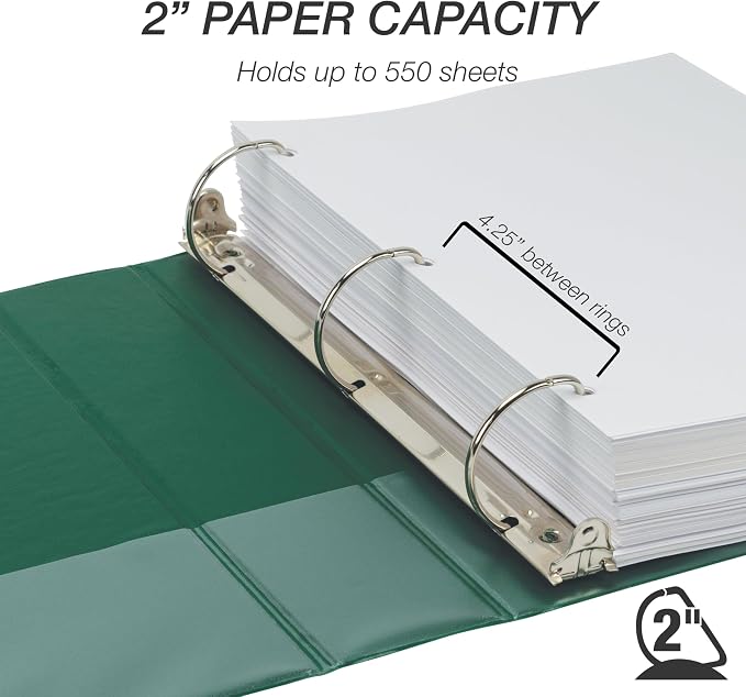 Samsill Durable 2 inch 3 Ring Binder, D Ring Binder, 100% Recycled Chipboard, Green, 12 Pack
