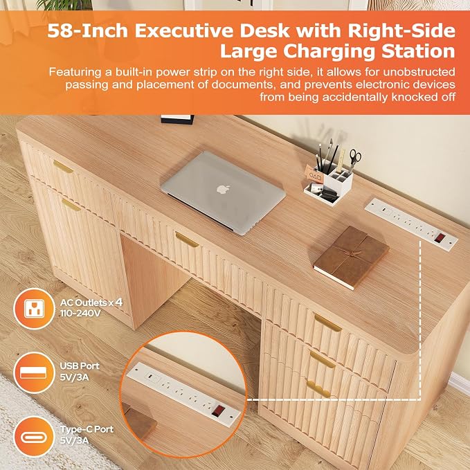 knoworld Fluted Executive Desk with Charging Station, 58" Wood Home Office Desk with 4 Drawers, 1 File Cabinet, 1 Storage Cabinet, Modern Writing Desk for Work, Living Room, Bedroom (Natural)