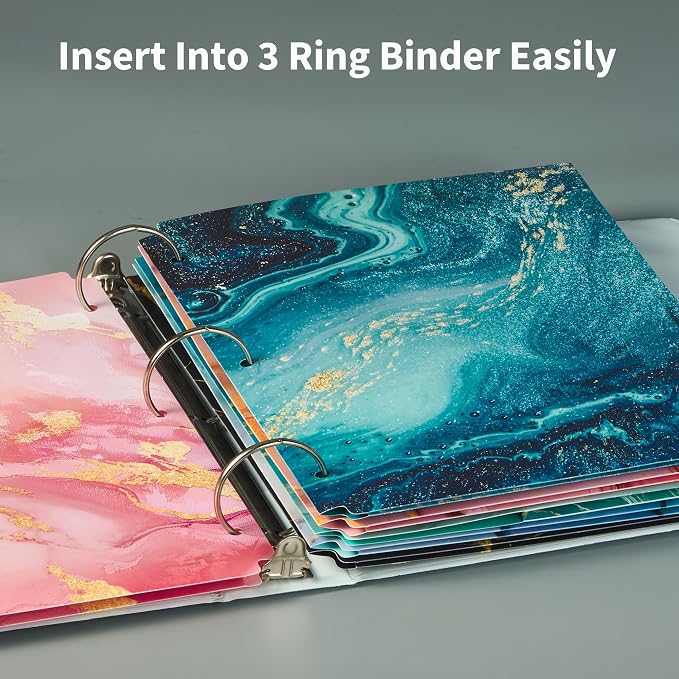 Binditek 6 Pack Plastic Folders with 2 Pockets, 3-Hole, Marble Colors | Letter Size, 2-Pocket File Folders with Card Slots, Waterproof, Fits 3 Ring Binders, School and Office Supplies