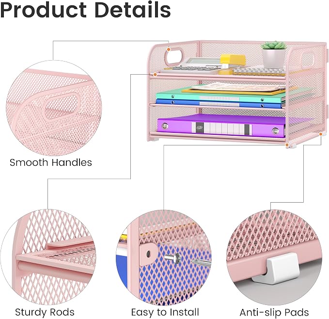 Cawukege 3 Tier Paper Organizer with Handle, Metal Desk Organizer Mesh Paper Letter Tray Desktop File Folder Document Sorter for Classroom, School, Office Accessories Storage (1, Pink)