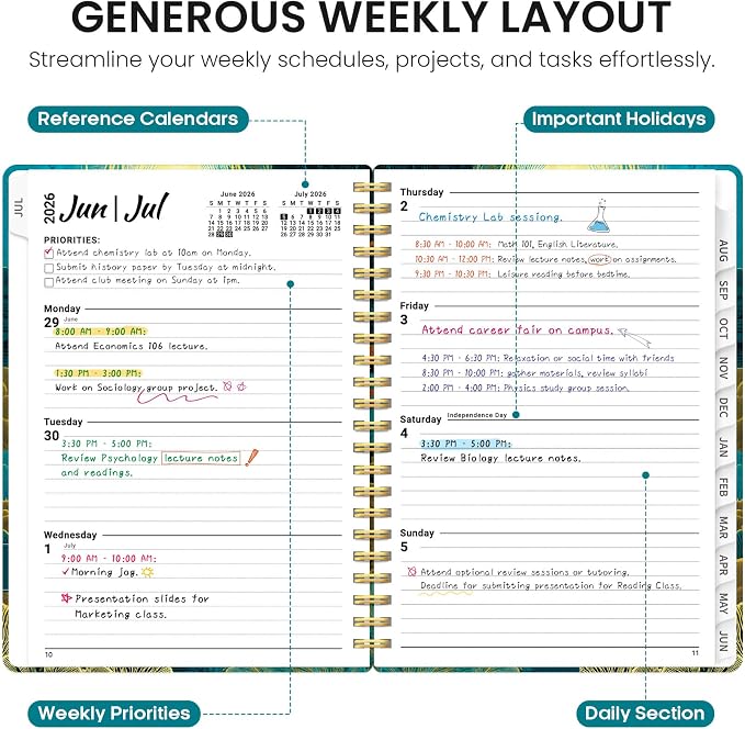 Taja Planner 2026-2027, Jul 2026-Jun 2027 Monthly & Weekly Calendar Planner | 6.3" x 8.5", Hardcover Academic Calendar, Teacher Student Agenda Book with Tabs, School Office Supplies, Golden Currents