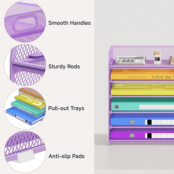 Cawukege 6 Tier Paper Organizer with Handle, Metal Desk Organizer Mesh Paper Letter Tray Desktop File Folder Document Sorter for Classroom, School, Office Accessories Storage (1, 6 Tier - Purple)