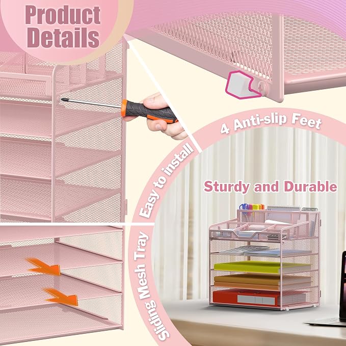 Docnest 5 Tier Mesh Desk Organizer with Letter Tray & Paper Sorter, Pink | Features 3 built-in pen holders & 5 adjustable compartments on top. Includes 4 non-slip rubber feet for desk protection