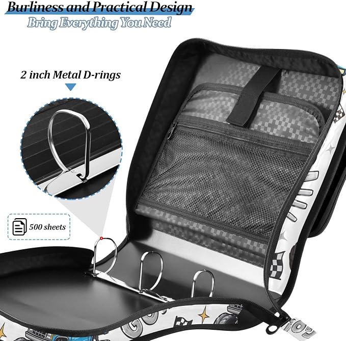 Truck Racing Car Flag Truck 3 Ring Binder Bag 1.5 inch Binder Organizer with Zipper Shoulder Strap 500 Sheet Documents Storage for School Office