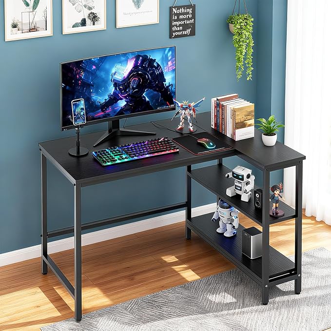 FDW L-Shaped Gaming Desk 39 Inch Computer Desk Corner Desks with Reversible Side Storage Shelves Study Desk Metal Frame PC Work Table for Home Office Dorm Sturdy Writing Workstation,Dark Black