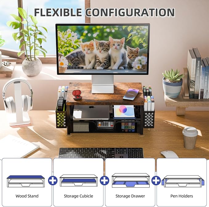 Simple Trending Monitor Stand with Drawer, 2-Tier Laptop Stand, Wood | Desk Organizers and Accessories with Drawer and 2 Pen Holders, Wood + Metal Stand Riser for Home Office, 20"W x 10"D x 5.8"H