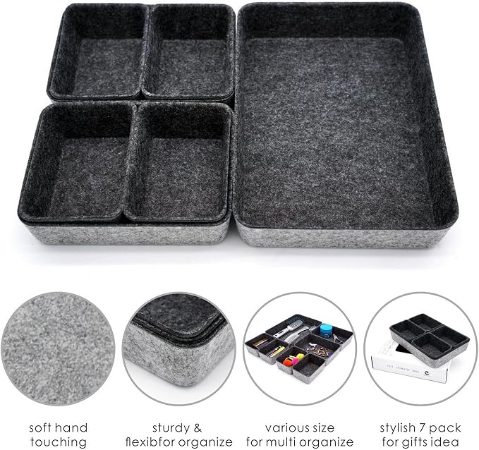 7pc Shallow Felt Desk Drawer Organizers Trays Charcoal Storage Bins