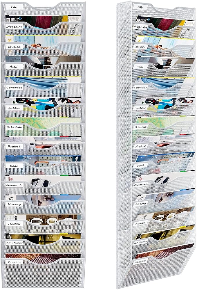 14 Pockets Hanging Wall File Organizer, Office Organization Wall Mount Mail Sorter Paper Holder Bill Organizer for Home, White