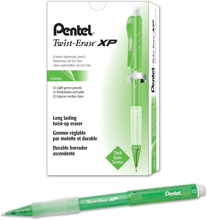 Pentel Twist-Erase Express Mechanical Pencil (0.9mm) Fashion Color, Light Green Barrel, Box of 12 (QE419K)