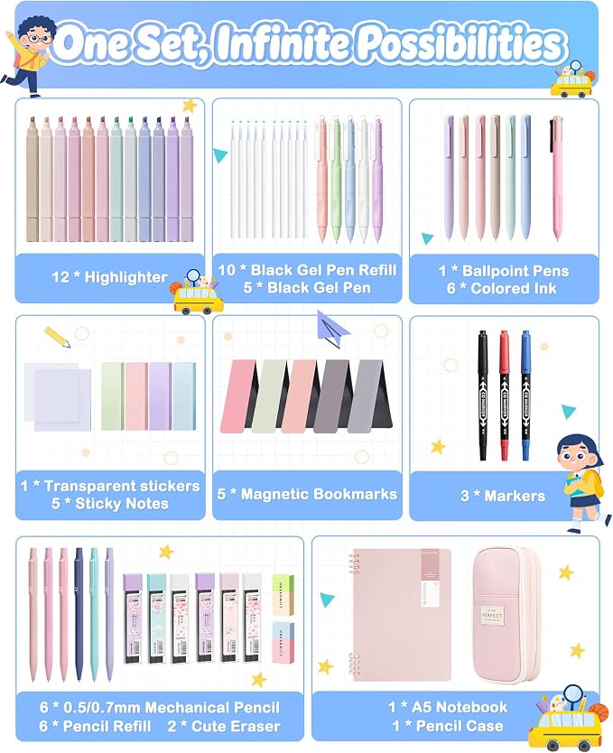 63 Pcs Pink School Supplies with Pencil Case & Notebook, Stationary Set