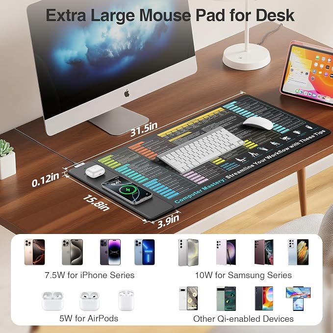 Wireless Charging Mouse Pad, 31.5"x15.8" Big Excel Cheat Sheet Desk Pad | Office Spreadsheet Keyboard Mat, Waterproof Ultra-Smooth Surface, Non-Slip Stitched Edge