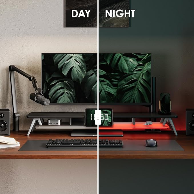 Fenge Dual Monitor Stand Riser with Phone & Tablet Slot, Black | Thickened Frosted Acrylic Shelf, Aluminum Legs, 2-Tier Storage, 42.5-Inch Desk Shelf for Gaming, Home Office & Streaming