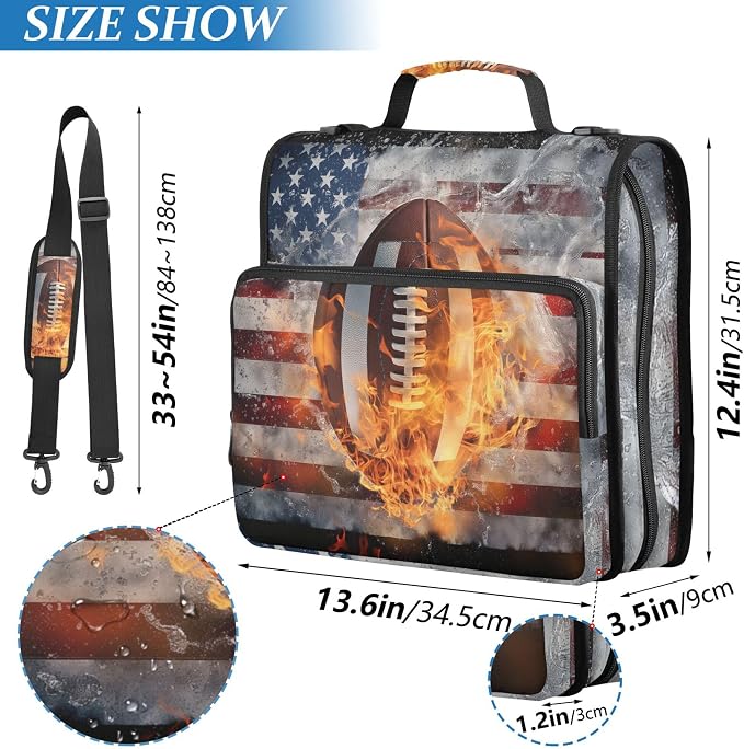 Fisyme American Football Ball in Fire and Water American Flag Zipper Binder 3 Ring with Zipper and Shoulder Strap Large Capacity Multi-Pocket Binder Organizer