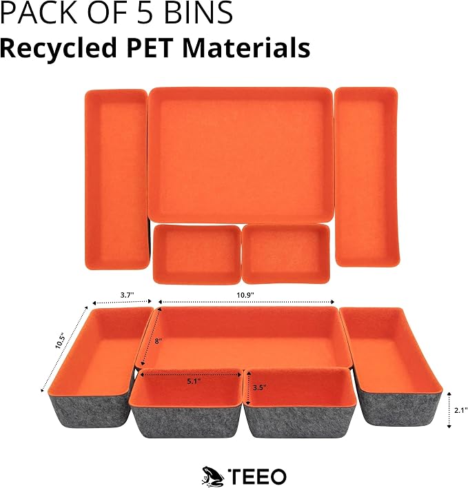 Teeo - Drawer Dividers Organizers - Makeup Trays for Vanity - Drawers Organizer - Office Drawer Organizer - Home Office Desk Cosmetic Bins Dividers Box Compartment Organization - Pack of 5, Orange