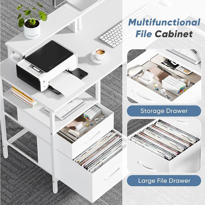 DUMOS L Shaped Gaming Desk with Charging Station & 2 Monitor Stands, Computer Desk with Drawer & Adjustable Storage Shelves, Large Corner Desk for Home Office, 62 Inch White