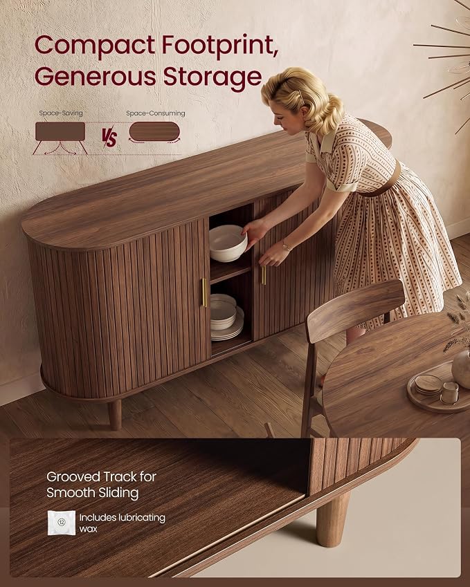 VASAGLE Storage Cabinet, Sideboard with Adjustable Shelves | Mid-Century Modern Buffet Cabinet, 55.1 x 15.7 x 29.5 Inch, for Living Room, Walnut, MIRIANA Collection ULSC631KX01