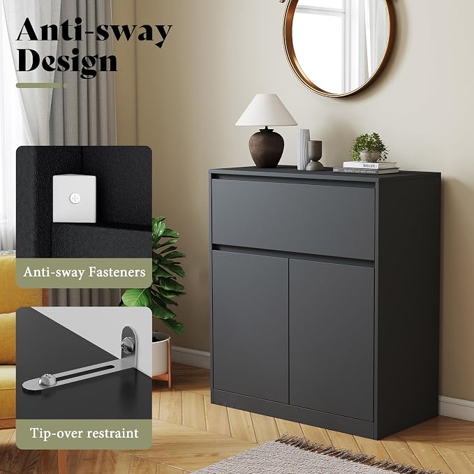 AMERLIFE Storage Cabinet with 2 Doors, 32 x 16 x 36 Inch | 1-Tier Storage Case and Modern Display Shelf for Collectibles, Black