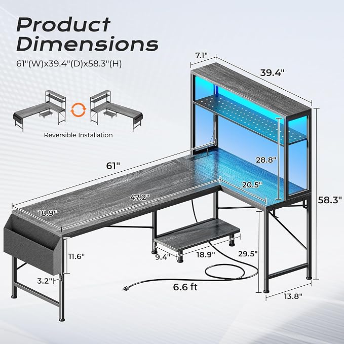 L Shaped Gaming Desk with LED Lights & Power Outlets | Reversible Computer Desk with Storage Shelves & Bag, Large Corner Home Office Desk with Pegboard for Work from Home, Grey
