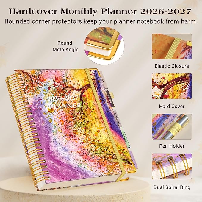 Academic Planner 2026-2027, 18 Months Weekly and Monthly Daily Planner from July 2026 - December 2027, 8.5" x 11" A4 Large Hardcover Agenda Organizer Book with Tabs, Spiral Yearly Calendar Planners for School Work Home,Autumn Tree