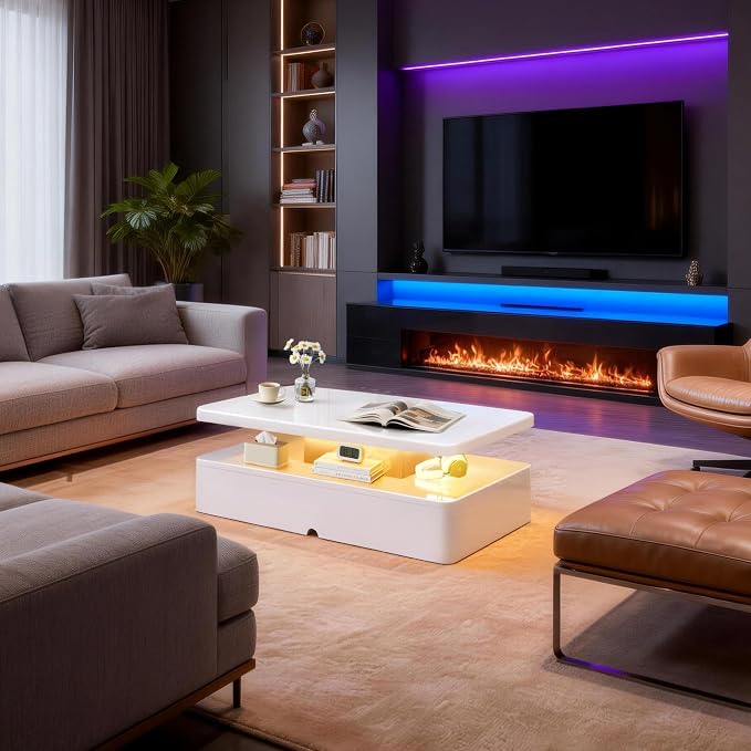 40" Modern LED Coffee Table, 2 Tier Rectangular Center Table with 16 Colors Lights & Large Storage Space, High Glossy Wooden Tea Table for Living Room, Bedroom, Home Office, White