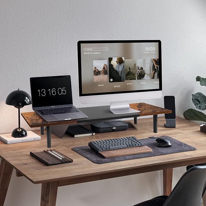 Across-Star Dual-Monitor-Stand-Riser-For-Desk Adjustable Length 32-40 Inch，Large Desktop Computer Monitor Riser For 2 Screens，Desk Shelf Organizer Riser Stand For Computer/Laptop/PC/Printer/TV Black