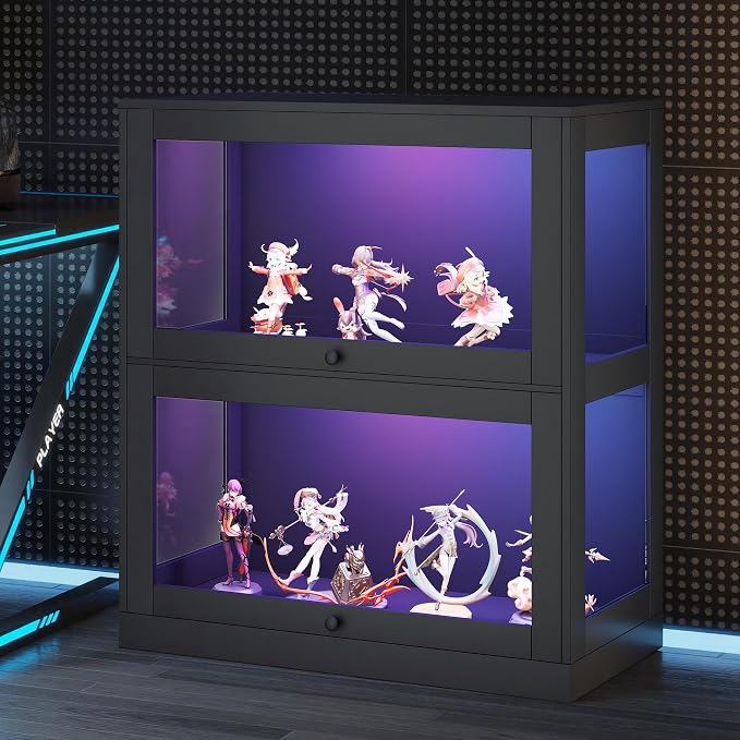 AMERLIFE RGB Display Cabinet, 32 x 16 x 36 Inch | 2-Tier Storage Case with LED Lights and 2 Glass Flip-Up Doors, Black