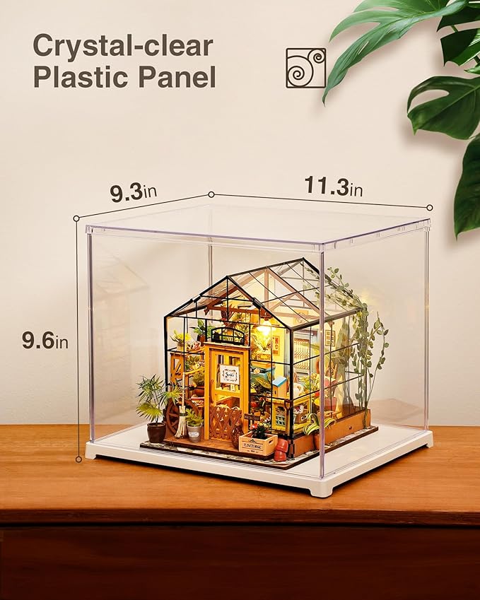 Rolife Acrylic Display Case Dust Cover for Collectibles, Stackable Showcase Dustproof Protection with White Base with Door for Shoes,Books,Toys,Collectibles Memorabilia Figurines(11.3''x9.6''x9.3'')