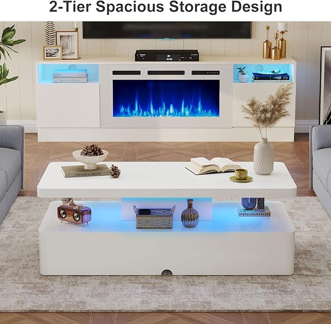MXV Modern Coffee Table, 47 Inches Coffee Tables with 16 Colors LED Lights, 2 Tier Rectangular Center Table, Large Storage Space, High Glossy Wooden Tea Table for Living Room, Bedroom, Office, White