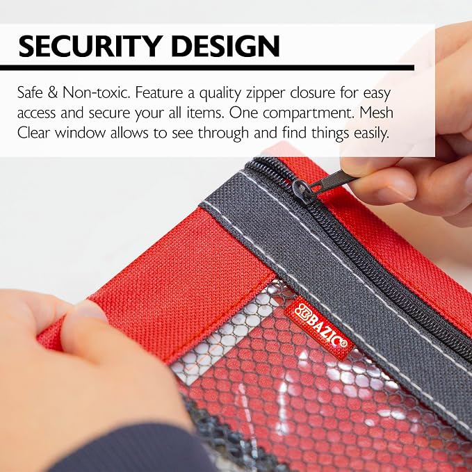 BAZIC Products 3-Ring Pencil Pouch with Clear Mesh Window, 24-Box | clear mesh window and a zipper closure for pens, pencils, supplies