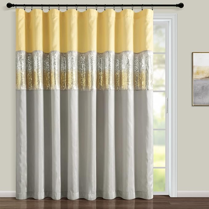 Lush Decor Night Sky Window Curtain Panel, Single 100"W x 84"L Yellow & Gray - Sequin Backdrop Curtain - Extra Wide Curtains - Sliding Door Curtain