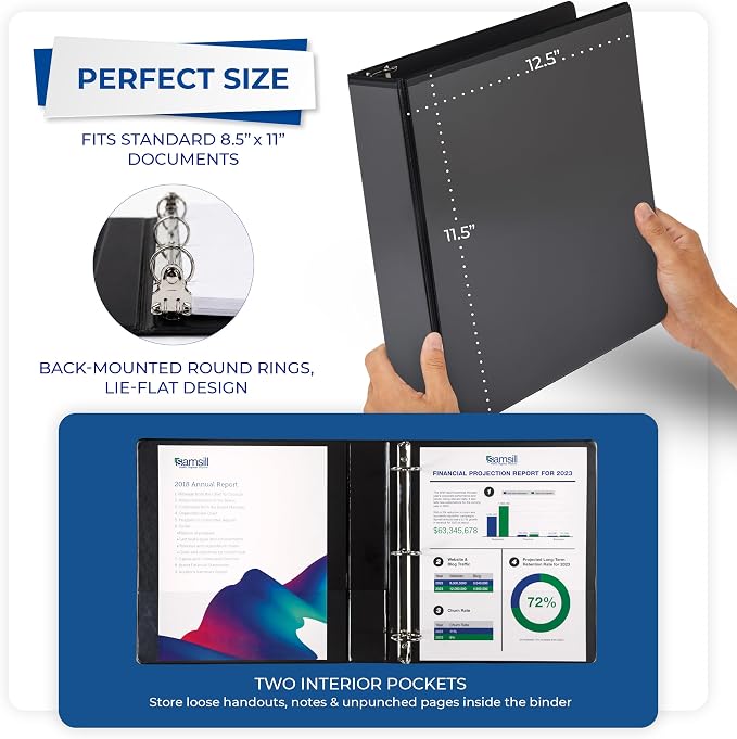 Samsill 1.5 Inch 3 Ring Binder, Economy Round Ring, Clear View Cover, 325 Sheet Capacity - for School, Home, Office - Black