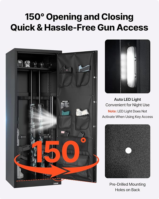 VEVOR 10-12 Gun Safe, Long Gun Cabinet for Rifles and Pistols, Quick Access Rifle Safe with 4 Pistol Pockets and 3 Adjustable Racks, Large Digital Cabinet with Key and Password Lock(Assembly Required)