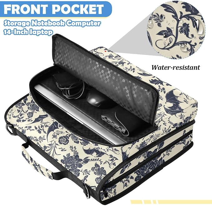 Goth Bats Floral Zipper Binder File Organizer Bag 3 D-Ring | with Shoulder Strap, Holds 500 Sheets & 14in Laptop, 3 Ring Binder for Office Supplies