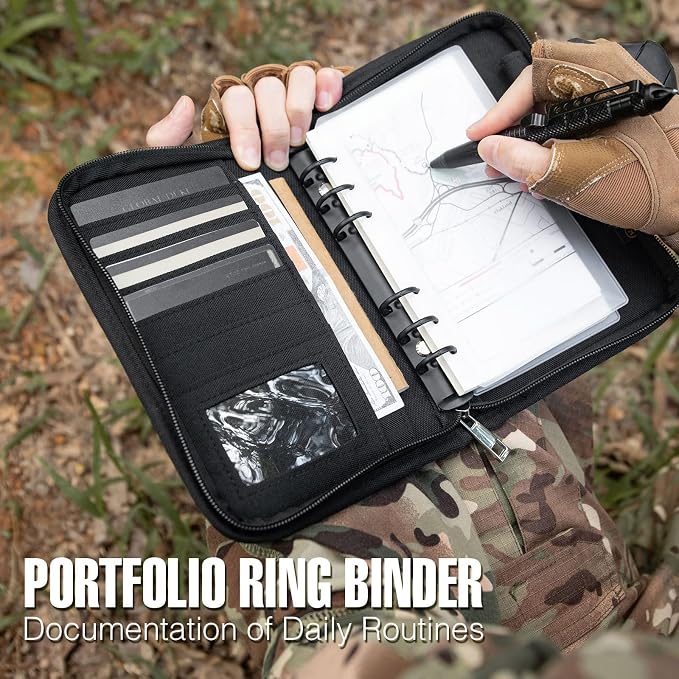 Kosibate Tactical Notebook Padfolio Ring Binders with 45 Sheets,Army Military Notebook Portfolio Binder with Zipper for Tactical Gear and Organizer, Refillable 6-Ring Binder(Black,5.5'' x 8.5'')