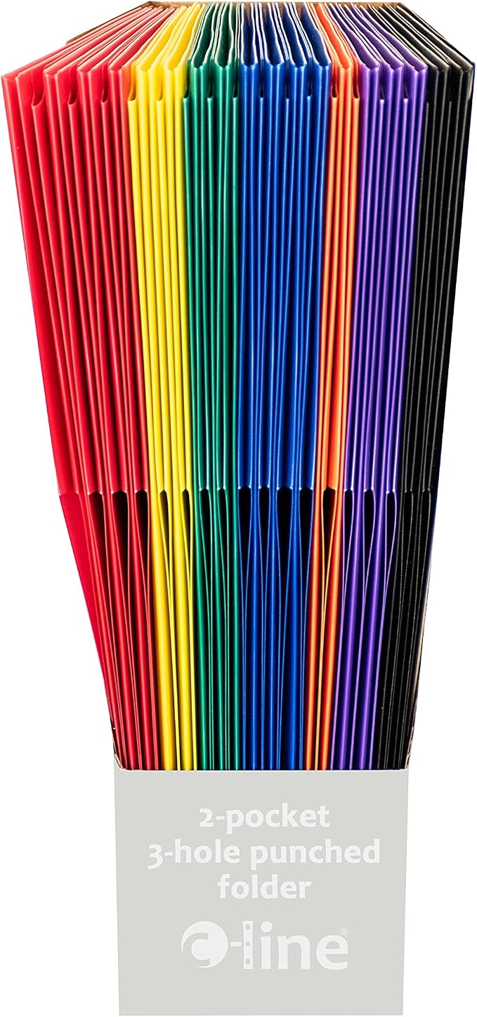 C-Line Two-Pocket Heavyweight Poly Portfolio with 3-Hole Punch, Assorted Colors, Box of 36 (33930-36)