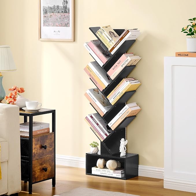 Hoctieon 9 Tier Tree Bookshelf, Tall Bookcase, Freestanding Book Shelf with LED Lights, Display Floor Standing Storage Shelf, Book Organizer Shelves for Home Office, Living Room, Black