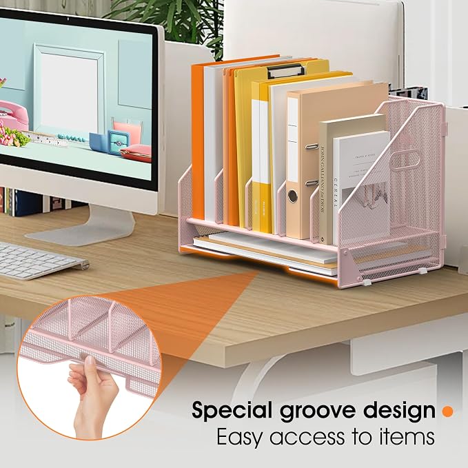 5 Vertical Mesh Desk Organizer with Paper Letter Tray, Pink | Sorting racks with lower letter tray section. Multipurpose mesh desktop space saver for home office and school