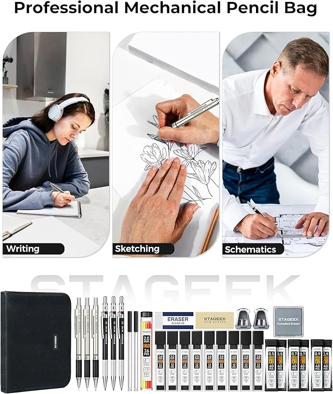 STAGEEK Mechanical Pencil Set with Canvas Bag 30 Count, Drawing Pencils 0.5, 0.7, 0.9MM & 3PCS 2MM Sketching Pencils with 464PCS Lead Refills (6B 4B 2B HB 2H 4H Color) for Artist Drafting Drawing