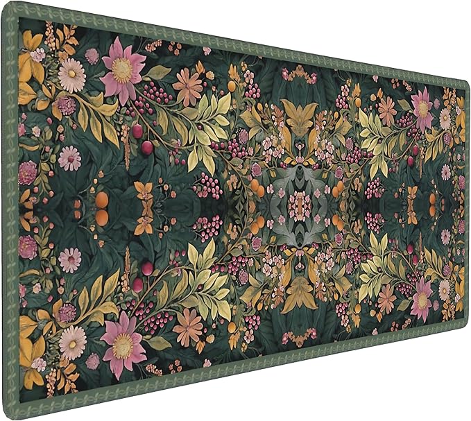 Floral Aesthetic Wildflower Gaming Mouse Pad, Forest Green Rug Desk Mat with Anti-Slip Base & Stitched Edges,35.4" x 15.7" in Desk Accessories for Women, Home Office Decor & Artistic Gift
