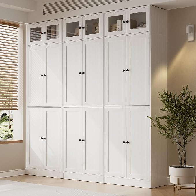 TUSY 85.5" Modern Tall Bookcase with Glass Doors, 7-Tier Wood Bookshelf with Storage for Home Office, Large Curio Cabinet for Living Room, Office, Bedroom, Family Room (White, CCC)