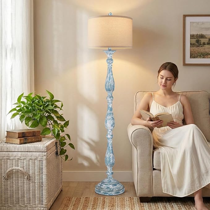 Vintage Floor Lamp for Living Room, Rustic Farmhouse Standing Lamp with Rotary Switch and Linen Shade, Retro Resin Floor Lamp for Bedroom, Corner, Dining Room, House Decor, Wash Blue