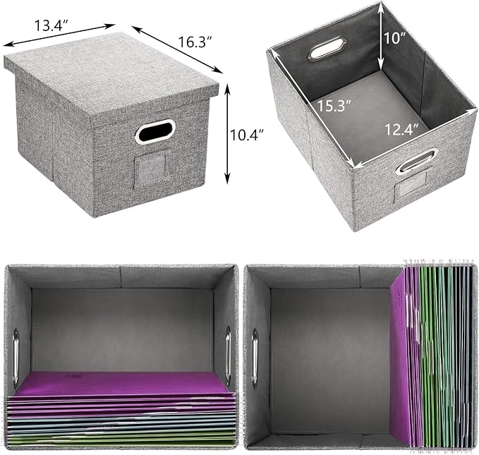 Hedume Set of 2 File Organizer Box, Collapsible Linen Filing Cabinets, Decorative Linen Filing Storage Hanging File Folders with Lids and Durable MDF Board, Space Saving File Folder Storage