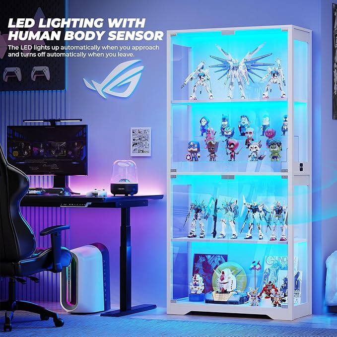 BROTTAR Display Cabinet with Glass Doors, 4-Tier Display Case, White | Curio Cabinet with 3 Color Lights for Collectibles, Storage Cabinets with Human Body Sensor