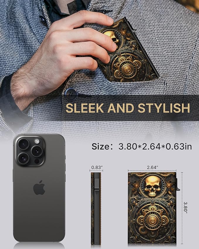 typecase Mens Wallet Card Holder: Pop Up Aluminum Case, Carbon Fiber Leather, Smart, RFID Blocking, Slim, Minimalist, Front Pocket - 9-14 Card Capacity | ID Window | Cash Slot (Skull)