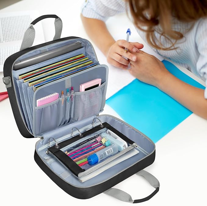 YARWO 2026 Upgraded Zipper Binder 3 Ring Binder Bag with Pencil Pouch | 500 Sheets Capacity, 5-Tab Expanding File Folder, 14” Laptop Padded Sleeve, Shoulder Strap, for College, Office, Home, Black