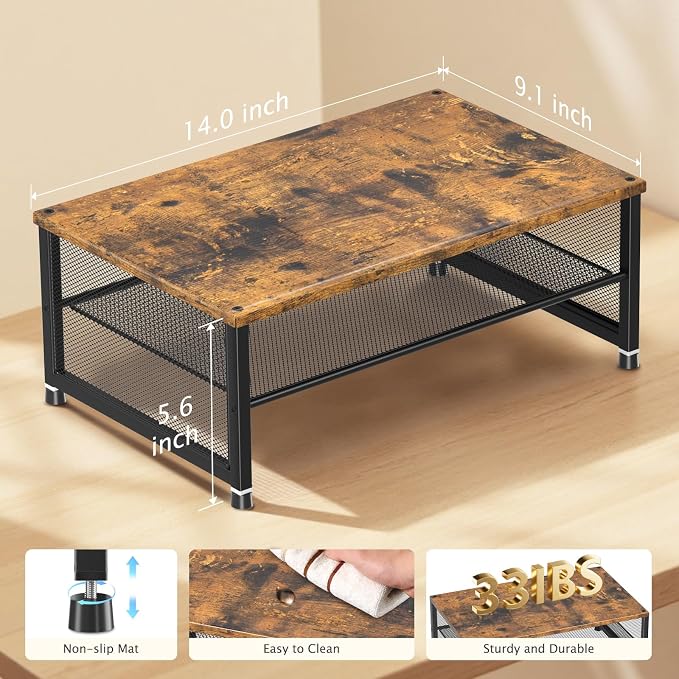 ECOLOVI 2-Tier Computer Monitor Stand Riser, Printer & Laptop Stand, Office Desk Accessories, Workspace Desk Organizer for Home Office Supplies, Brown
