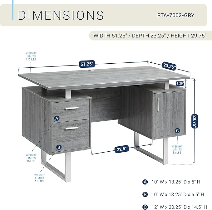 Techni Mobili Office Desk with Storage Drawers and Cabinet 51.25” W - Modern Office Desk with Large Floating Desktop Surface | Home office workstation, durable construction, everyday productivity, Ideal for home office, Workspace organization