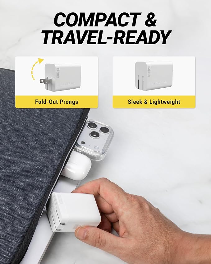 Scosche PowerVolt 70W Fast Charging Compact 3-Port Wall Charger Block, Dual USB-C & USB-A GaN Power Delivery Adapter with Foldable Plug for iPhone 16/15 Pro, iPad, MacBook Air, Galaxy S25/S24 & More