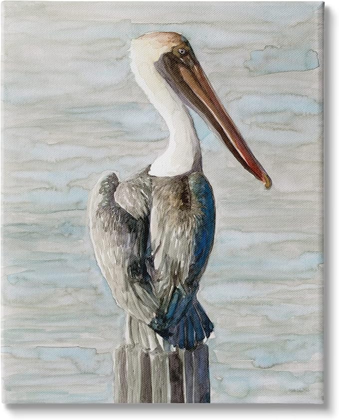 Long Beak Pelican Coastal, 16 x 20 Inch Canvas Wall Art | Stupell Industries · By Stellar Design Studio · Ready to hang · Coastal bird decor for living room or office · Made in USA