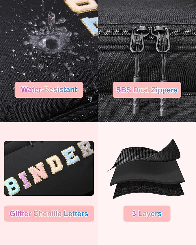 3 Ring Zipper Binder 3 Inch D Rings with Double Water Bottle Holder | Cute Initial Water-Resistant Zip Up Binder for School Office, 700-Sheet Capacity & Shoulder Strap & Laptop Pocket, Black